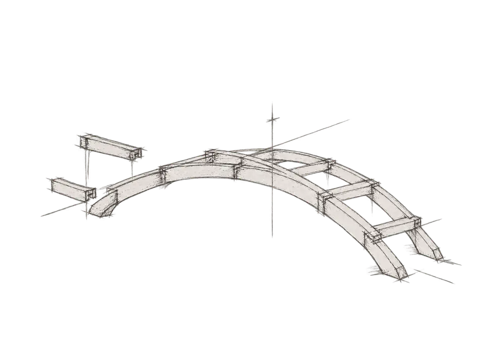 Loose graphite notebook study of a bridge formed from interlocking structural pieces.