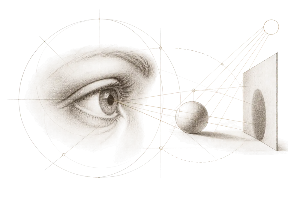 Renaissance-inspired study of an eye, sight lines, and light revealing a sphere and architectural plane.